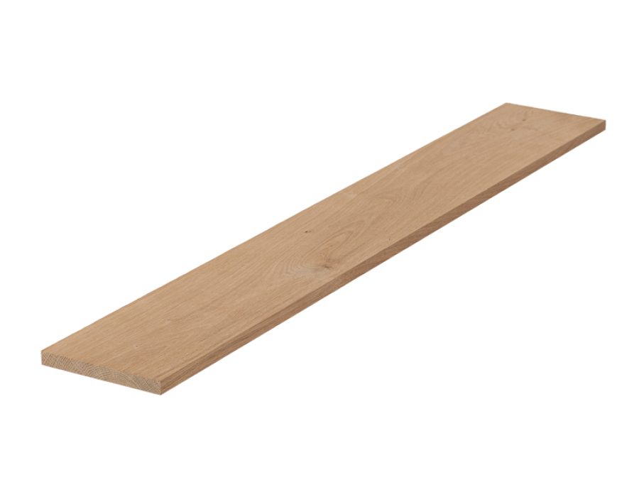Eiken plank zonder noesten, gedroogd en geschaafd. 1 cm dik en 15 cm breed.